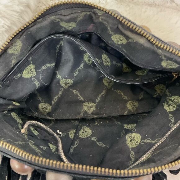 Ed Hardy Vintage Black Cow Leather Canvas Fringe Studded Clutch Wristlet - Picture 17 of 17